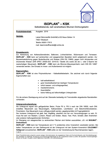 Isoplan KSK Abdichtbahn für Kellerwände, Balkone, Terrassen, Bodenplatte -  Rolle 15 m² Selbstklebend